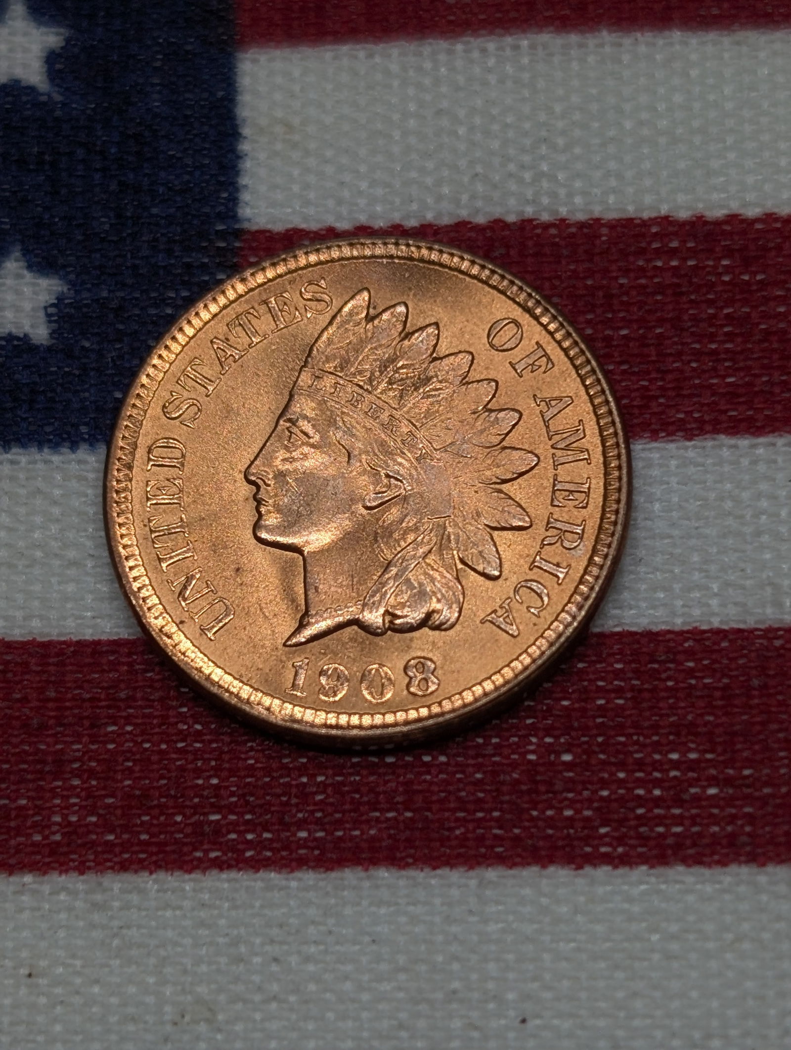 1908 Red Indian Head Cent **GEM UNC** Four Full Diamonds, Full Liberty and Beads (1 of 2)