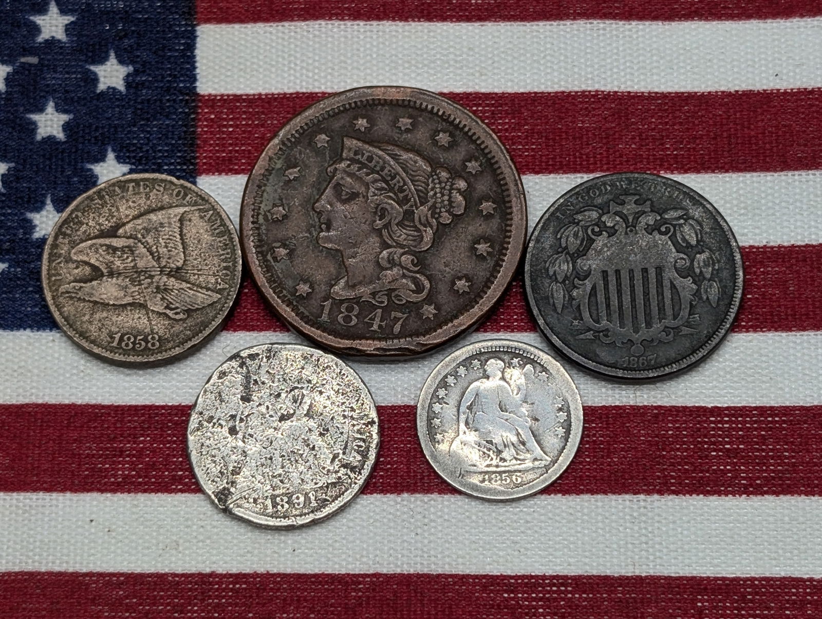 Various Vintage U.S. Coins, 1847 U.S. Large Cent, 1867 Shield Nickel, 1858 Flying Eagle Cent, 1891 (1 of 2)