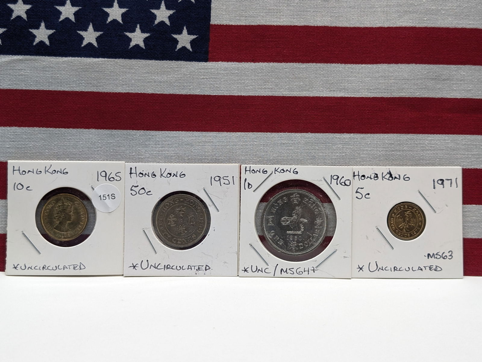 (4) Asian Coins 1971 Five Cent, 1965 Ten Cents, 1951 Fifty Cent, 1960 Dollar All Unc./ MS (1 of 5)