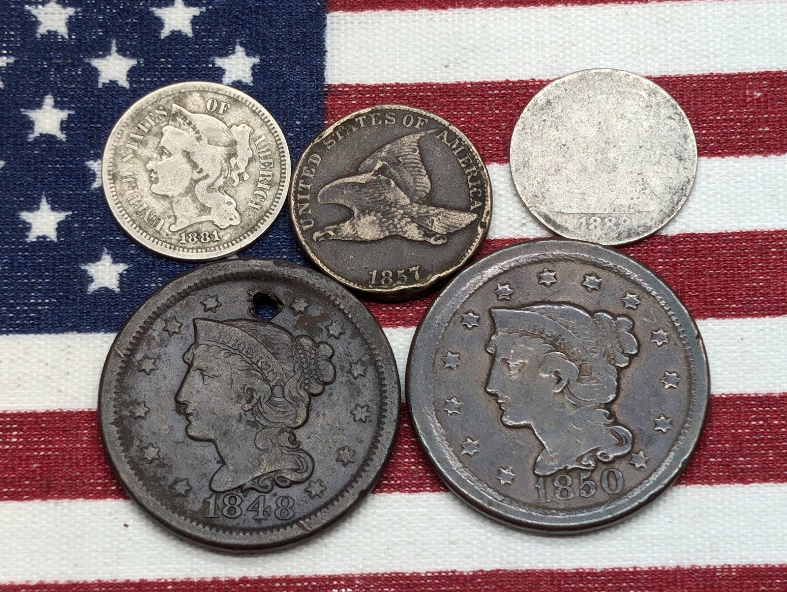 5 Various Vintage U.S. Coins  1848 w/Hole & 1850 U.S. Coronet Heat Large Cents, 1881 Three Cent (1 of 2)