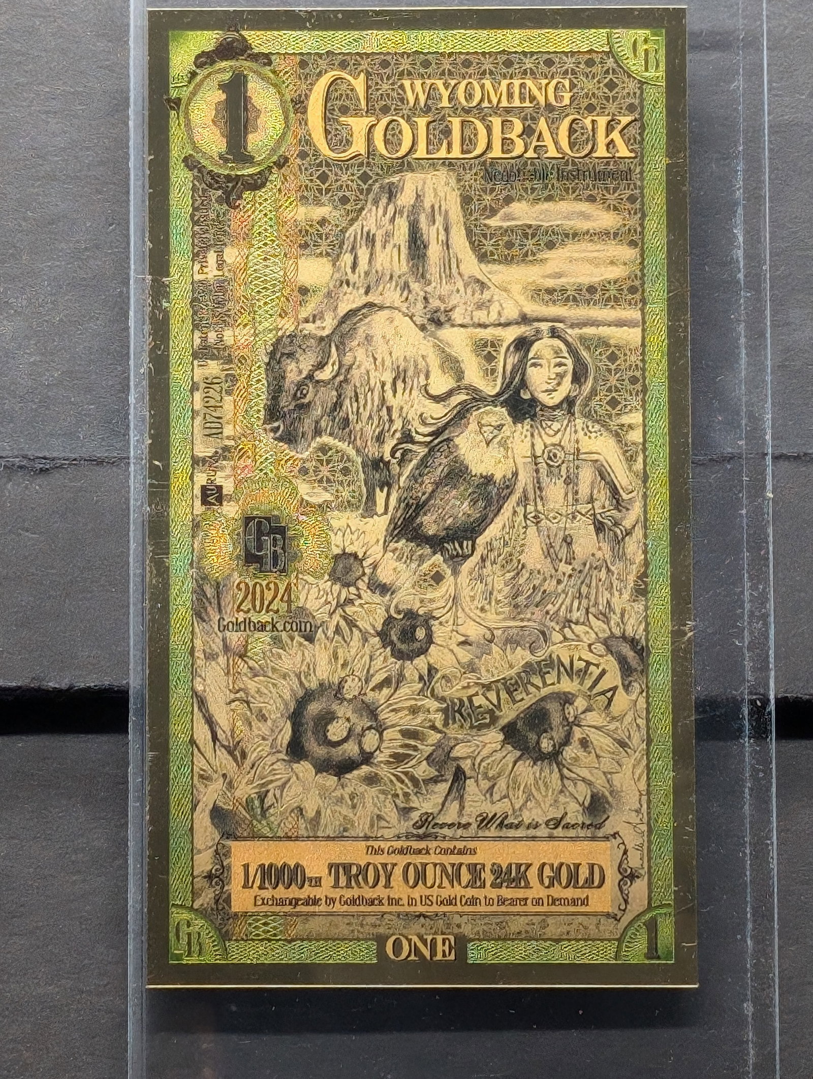 1/1000th Troy Oz. 24k PURE GOLD 2024 $1.00 Wyoming Goldback: 1/1000th Troy Oz. 24k PURE GOLD 2024 $1.00 Wyoming Goldback