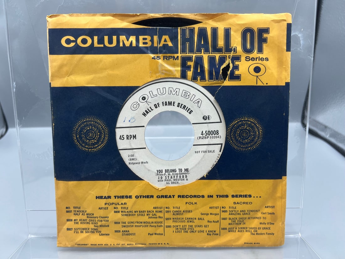 Unknown Release Date Jo Stafford With Paul Weston & His Orchestra You Belong To Me/Keep It A Secret: Unknown Release Date Jo Stafford With Paul Weston & His Orchestra You Belong To Me/Keep It A Secret Promo 45 RPM Record - 4-50008 - Records have not been tested by the auction house for play quality. 