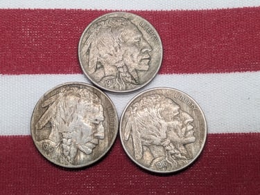 1915 1916 1917 Buffalo Nickels. Full Horns. 3 Coins.