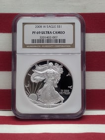 2008-W Proof Silver American Eagle Graded PF 69 Ultra Cameo By NGC Grading Company.