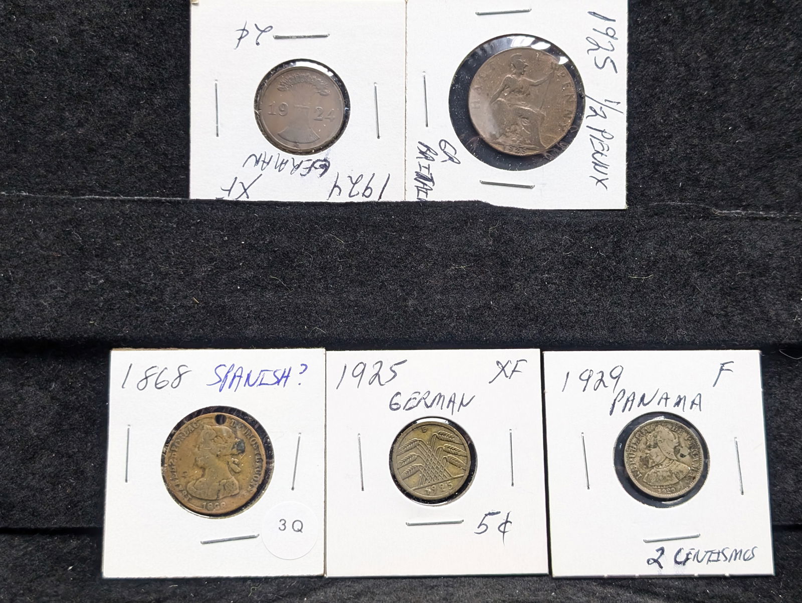 (5) Foreign Coins 1868, Spanish, 1924 & 1925 German, 1925 Great Britain Half Penny, 1929 Panama (1 of 7)