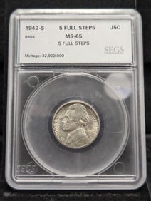 1942-S 35% Silver War Nickel SEGS Certified MS 65 Full Steps