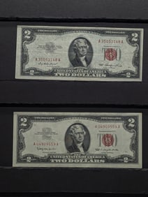 1953 & 1963 $2 Red Seal United States Notes. Bust Of Thomas Jefferson.