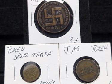 Three Old Tokens. Doutrich's 50¢, JMS Good For One Trade And German Spiel Marke Tokens