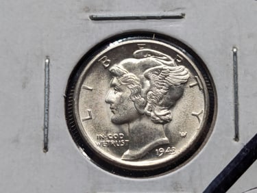 1943-D Mercury Dime. GEM BU. 90% Silver. WWII Era