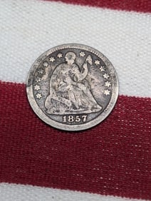 1857 United States Seated Liberty Half-Dime. Rare Vintage Type Coin.