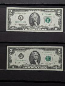 2 - 1976 $2 Bills Green Seal - Crisp Unc Consecutive Numbers