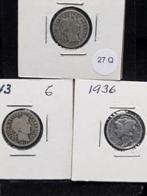 (2) Barber Dimes 1912-D, 1913 And 1936 Mercury Dime