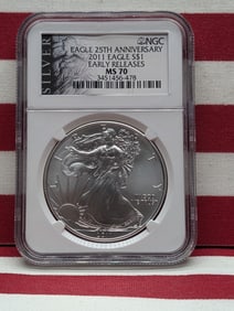 2011 American Silver Eagle 25th Anniversary, Early Releases , NGC MS 70 Top Pop! .999 Fine Silver 1