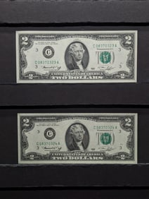 2 - 1976 $2 Bills - Green Seal - Crisp Unc - Consecutive numbers