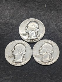 3 Consecutive, 1940, 1941-S, 1942 D, 90% Silver, WWII Era, Washington Quarters, Over 80 Years Old