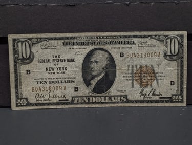 Series 1929 Brown Seal $10 National Currency Note. The Federal Reserve Bank of New York NY. VERY