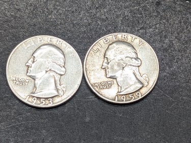 1953 D and 1959 D, 90% Silver, Washington Quarters