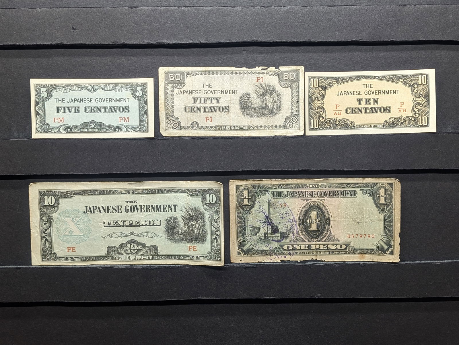 1943 Japan 5, 10, 50 Centavos And 1, 10 Pesos Philippines WWII Military Invasion Currency. 5 Notes. (1 of 7)