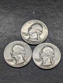 3-1947, S-P-P, 90% Silver, WWII Era, Washington Quarters, 78 Years Old