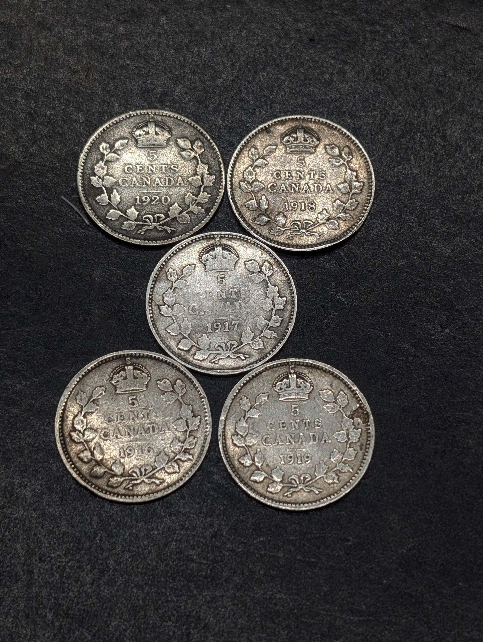 5 Consecutive, 1916-1917-1918-1919- .925% Sterling Silver 1920,80% Silver -Great Details, Canada 5c, (1 of 2)