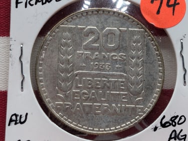 1933 France 20 Francs AU .680 SILVER