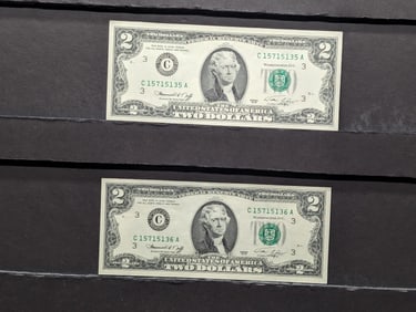 2 - 1976 $2 Bills - Green Seal - Crisp Unc Consecutive Numbers