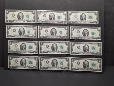 12 - 1976 $2 Bills - Green Seal - Crisp Unc Consecutive Numbers