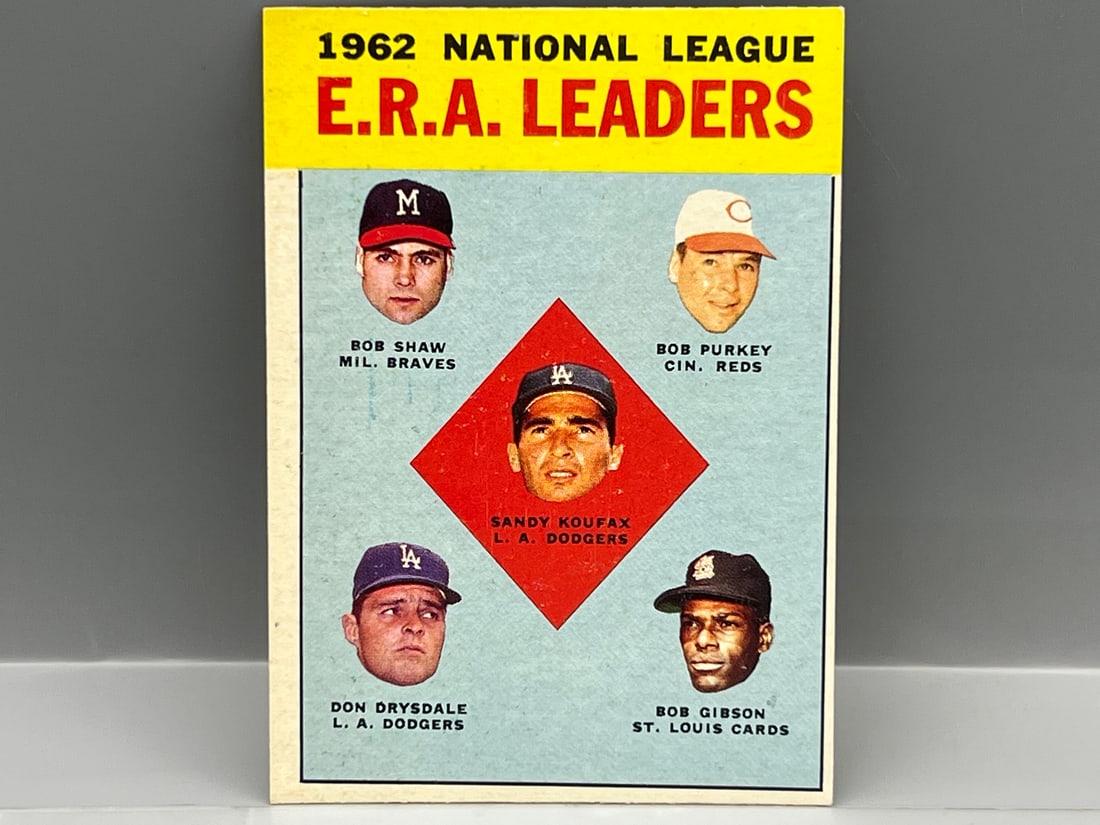 1963 Topps NL ERA AVG. Leaders Koufax/Shaw/Purkey/Drysdale/Gibson #5: 1963 Topps NL ERA AVG. Leaders Koufax/Shaw/Purkey/Drysdale/Gibson #5