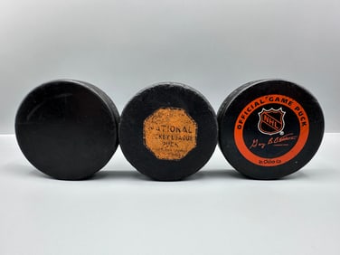 Lot of 3 Hockey Pucks - Early 1960s Tyer Official NHL Game Puck, In Glas Co New York Rangers