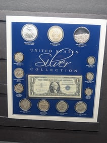 United States Silver Collection in Nice Wooden Display Box - Currency , Several Coins & Granules