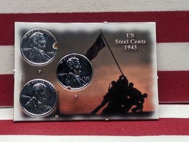 1943 Lincoln Steel Wheat Cent Mint Mark Collection in Display Case