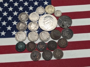 (22) Various Vintage U.S. Coins, 1976 Eisenhower Dollar, 1945-P Silver Jefferson Nickel, 1865 Three