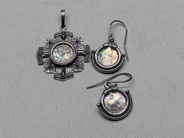 Ancient Roman Glass SOLID SILVER Earring Set & Necklace Pendant - VERY PRETTY JEWELRY!!
