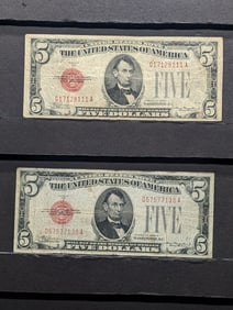 Lot of Two 1928 C&B Series $5.00 RED SEAL Banknotes