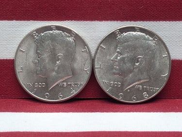 1964-P & 1968-D Kennedy Half Dollars, 1964 Is 90% Silver & 1968 Is 40% Silver
