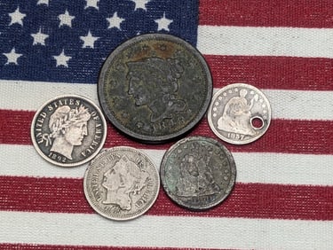 (5) Various Vintage U.S. Coins, 1848 Braided Hair Large Cent, 1857 Seated Liberty Half Dime, 1870