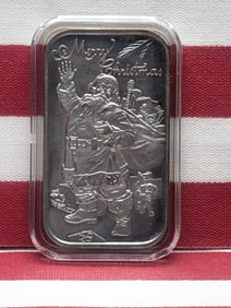 1 Oz. .999 FINE SILVER Merry Christmas Stanta Designed Art Bar in Capsule