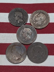 1853 D, 1854 K, 1855 B, 1862 K, & 1865 BB Dix Centimes France Coins