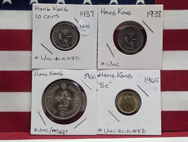 (4) Asian Uncirculated Coins -1960 One Dollar, 1937 & 1938- 10 Cents, 1965 Five Cents