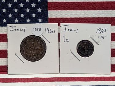 1861-M 1 Centesimo & 1861-M 5 Centesimi Italy Coins