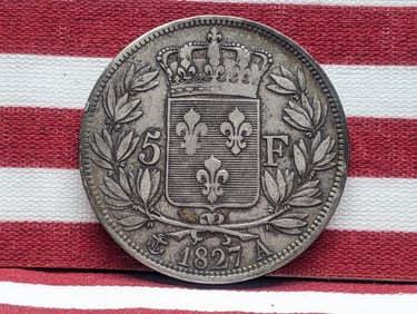 1827-A 5 Francs France Coin, 90% Silver, 25 Grams