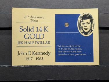 14k SOLID GOLD John F. Kennedy Half Dollar 20th Anniv. Tribute Miniature Coin in Display Card w/ COA