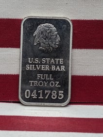 1 Oz. .999 FINE SILVER Indian Head /State of Ohio Designed Art Bar