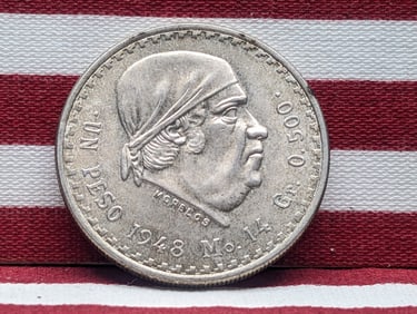 1948-Mo Un Peso Mexican Coin, 50% Silver 14 Grams.