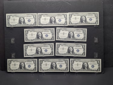 Lot of Ten Various 1957-A Series $1.00 Silver Certificates All with Crisp Paper