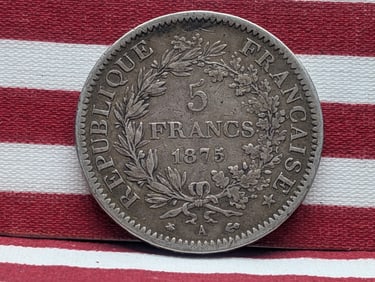 1875A 5 Francs France Coin, 90% Silver, 25 Grams