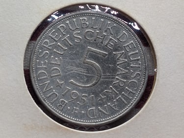 1951-F 5 Mark German Coin .625 Silver, 11.2 Grams