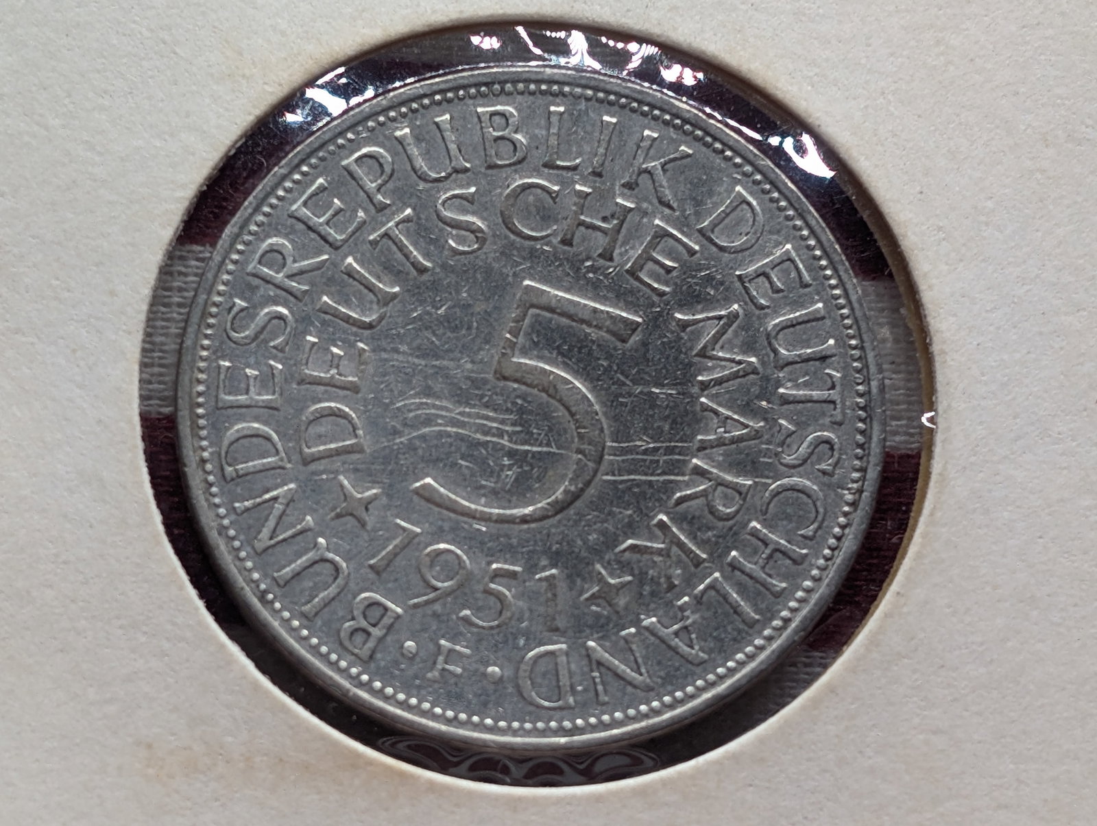 1951-F 5 Mark German Coin .625 Silver, 11.2 Grams (1 of 3)