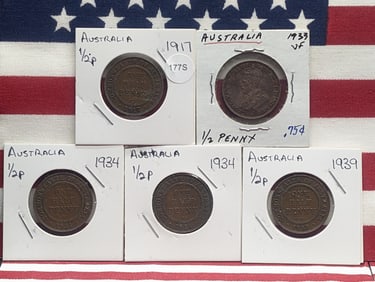 (5) Australia Half Pennies, 1917, 1933, (2) 1934, & 1939