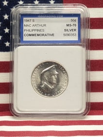 1947-S Philippines Fifty Centavos MS70 Slabbed By IGS 75% Silver, 10 Grams
